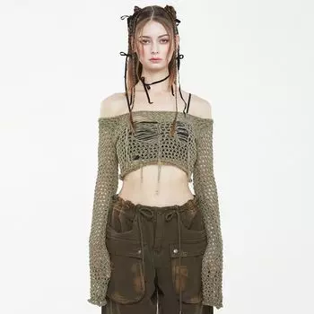 Mesh Hollow out Knitting Fall Slim Fit Long Sleeves Blouse