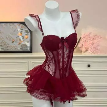 Mesh Lace Nightgown Bow Lace Sling Nightdress Homewear Women Lingerie Gift