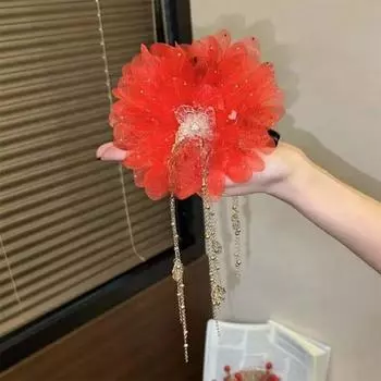 Mesh Peony Flower Tassel Grasping Clip Women Ponytail Barrettes Headwear Hair Accessories
