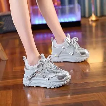 Mesh platform sneakers women s 2025 spring and summer new thin muffin sole casual shoes small height increase dad shoes 35 серебряный