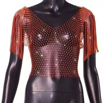 Mesh Rhinestone Fishnet Tops Rhinestone See Through T Shirt with Tassel Shawl Women L