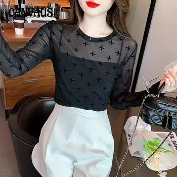 Сетчатая прозрачная круглая горловина с принтом, сексуальная, с длинным рукавом, верхняя часть рубашки, женские топы M чёрный