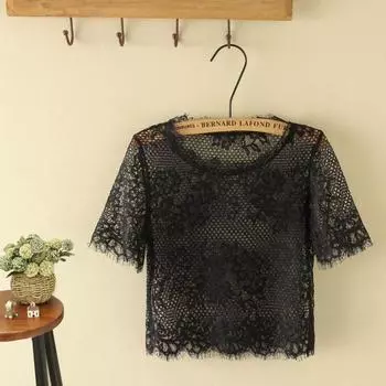 Mesh Sexy Blouse Fashion Midriff Outfit Crochet Tulle Black M