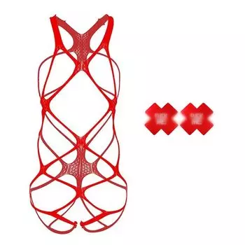 Mesh Sexy Exposure Cosplay Cute Moe Body Stockings Perforated Seductive Bodycon Small Pasties Red [LIKENNY]