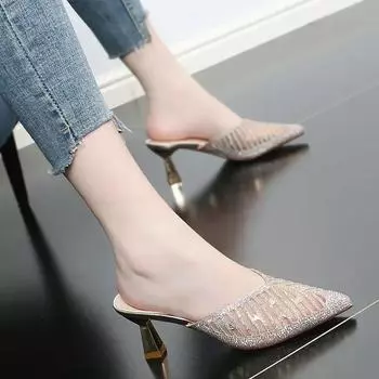 Mesh Slippers Women New Summer Shoes Women Fashion Pointed Slides Spike Heels Beige Mules Shoes High Heels 42 34