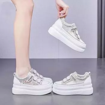 Mesh small white shoes women s summer leather ice silk thin breathable mesh sandals flatform sole inner height casual women s shoes 34 серебряный