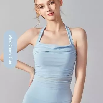 Mesh Yoga Bra Women Shockproof High Strength Sports Underwear Fixed Cup Running Fitness Vest Yoga Clothes Wind Chime Blue L
