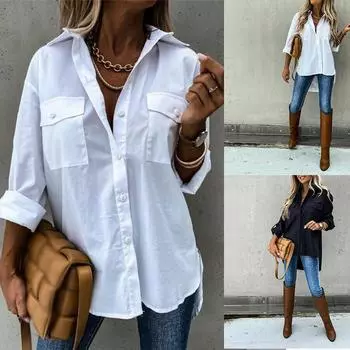 Мешковатая рубашка свободная с длинным рукавом женская повседневная блузка топы пуговицы S чёрный