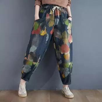 Мешковатые брюки-шаровары больших размеров, женские джинсы, повседневные брюки с винтажным принтом, джинсовые брюки до щиколотки в стиле Харадзюку 3XL синий