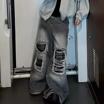 Мешковатые джинсы, джинсовые брюки с цветными блоками, рваные брюки y2k, уличная одежда в стиле Харадзюку для женщин и мужчин, большие размеры для бойфрендов, свободные прямые S