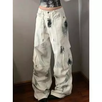 Мешковатые джинсы с карманами-карго, граффити, цветные блоки, женские джинсовые брюки y2k, уличная одежда больших размеров, брюки, длинный бойфренд S EU34 US2 RU40 белый