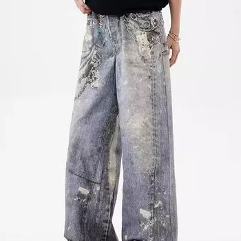 Мешковатые джинсы с принтом для мужчин и женщин, повседневные мешковатые прямые джинсовые брюки High Street Wide Leg Y2K Blue Jean XXL синий