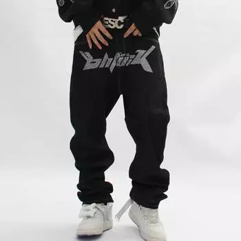 Мешковатые джинсы в стиле Харадзюку, прямые широкие брюки в стиле хип-хоп, мужские джинсы с принтом большого размера Y2k, повседневные черные джинсы для уборки, уличная одежда XL чёрный