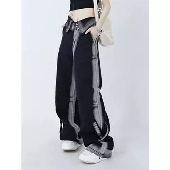 Мешковатые джинсы в стиле Харадзюку с градиентом тай-дай, женские мешковатые джинсы 2024, винтажные черные джинсы с низкой посадкой, уличная одежда, шикарные прямые широкие джинсы во всю длину S чёрный