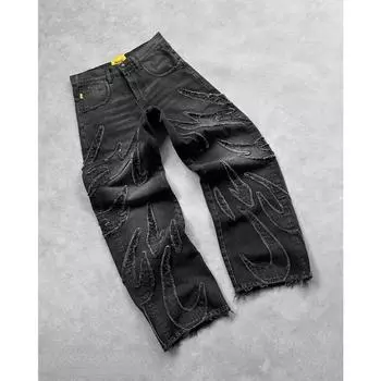 Мешковатые джинсы в стиле хип-хоп Y2k, потертые черные брюки в стиле ретро, вышитые брюки в стиле Харадзюку, готические брюки с широкими штанинами, уличные брюки S