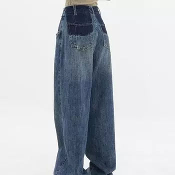 Мешковатые джинсы, женские джинсовые брюки с высокой талией, широкие лоскутные шикарные брюки с карманами, свободные прямые джинсы Y2k, весенняя одежда S синий