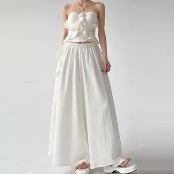 Мешковатые широкие брюки для женщин, летние однотонные драпированные брюки с высокой талией, повседневные брюки с девятью точками, эластичная талия, одежда в корейском стиле S чёрный