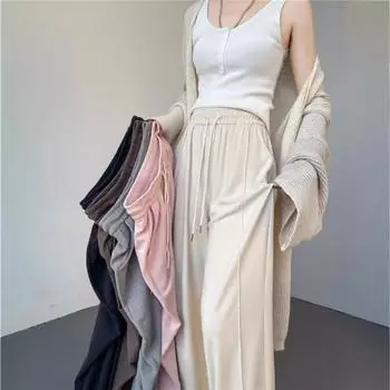 Мешковатые женские брюки осень-зима с высокой талией, широкие брюки, прямые, модные, эластичные брюки на шнурке S чёрный