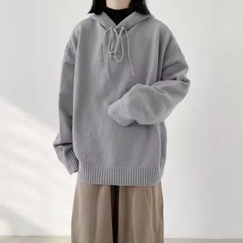 Мешковатый свитер с капюшоном для женщин осень-зима однотонный вязаный пуловер винтажный повседневный большой размер одежда серый черный Харадзюку M серый