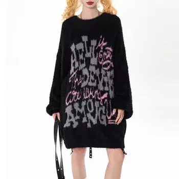 Мешковатый свитер с круглым вырезом для женщин осень-зима американский ретро-хай-стрит вязаный пуловер топ теплая одежда письмо Y2k M чёрный