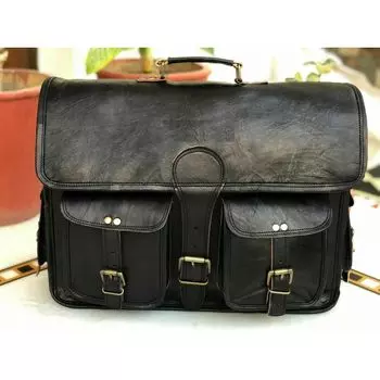 Мессенджер Наплечная Сумка Портфель для Ноутбука Дорожная Сумка Мужская Черная Кожа Винтаж 18 x 14 x 6 in чёрный