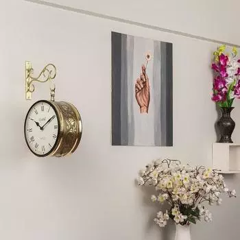 Металлические аналоговые двухсторонние настенные часы с изображением железнодорожной станции, подвесные часы для гостиной, домашнего офиса (Блестящее золото_21см