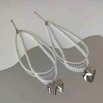 Металлический большой бант с подвеской в виде жемчуга, двухслойное ожерелье с преувеличенной индивидуальностью для женщин, универсальная цепочка на шею, цепочка на ключицу