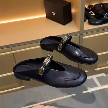 Metal buckle bag head half slippers women summer wear imitation leather lazy shoes thick heel cool slippers 35