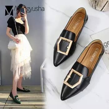 Metal Buckle band pointed toe loafers women ballet flats shoes woman slip on shallow comfy solid moccasins large size36-45 6 абрикосовый