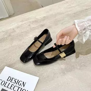 Metal buckle shoes square head Mary Jane shoes women s gentle commuting red thick heel single shoes 35