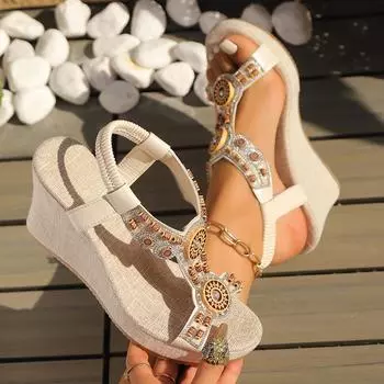 Metal Decor Wedge Sandals Women Summer Braided Band Platform Gladiator Sandals Woman Thick Bottom Beach Shoes for Women 36