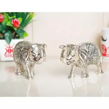 Metal Elephant Polish Set for Showpiece Enhance Your Home, Office, Table Decorative (Silver, Medium) - 2 Pieces