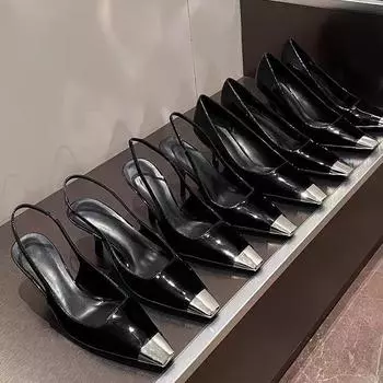 Metal high-heeled patent leather shoes 2025 new summer sexy square head thin heel iron head empty bag head sandals women s European and American style 35