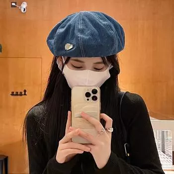 Metal label cowboy beret female big head circumference octagonal bud painter hat showing face small hat autumn and winter M56-58cm средний синий