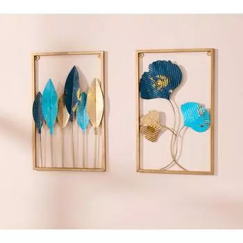 Metal Leaf Wall Hanging Decor | Nature-Inspired Leaf Design | Easy Installation (Set of 2 | Gold)