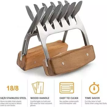 Metal Meat Shredder Claws, 18/8 Stainless Steel Meat Forks with Wooden Handle for Shredding, Pulling, Handing, Lifting & Serving 1pcs