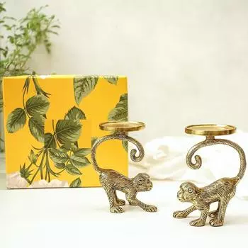Metal Monkey Pillar Candle Holder Gift Hamper, Festive Gifting Showpiece for Birthday, Housewarming, Anniversary (Set of 2), Gold