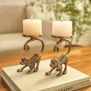 Metal Monkey Pillar Candle Holder Gift Hamper, Festive Gifting Showpiece for Birthday, Housewarming, Anniversary (Set of 2), Gold