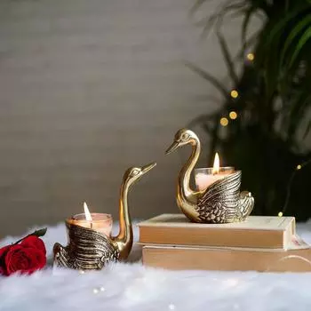Metal Pair of Swan Candle Holder & Candles Combo Gift Hamper, Festive Showpiece (2 Metal Swans, 2 Votive Glass Scented Candles,1 Premium Gift Box)