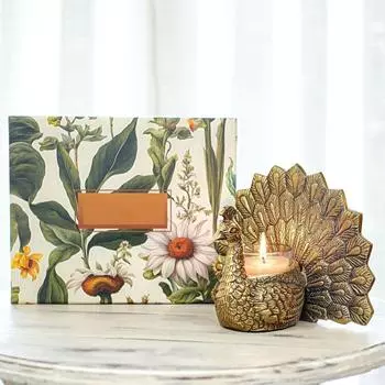 Metal Peacock Candle Holder & Candle Combo Gift Hamper, Festive Showpiece (Metal Peacock, 1 Votive Glass Scented Candles, 1 Premium Gift Box), Gold