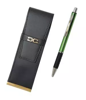 Metal Pitch Grip Ballpoint Pen with Recycled Cowhide Leather Pen Case & Eco-Metal Set, Green, T23-AU023-WZ2067BP-G зелёный