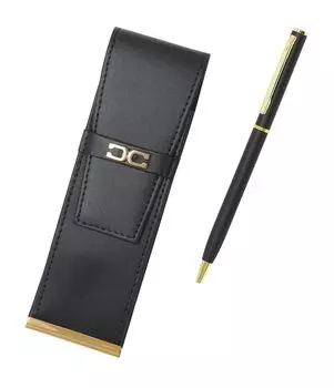 Metal rotating ballpoint pen and recycled cowhide pen case set with insert eco-metal (T23-AU023-802) чёрный