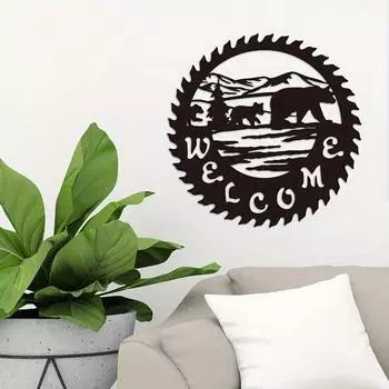 Metal Sign with WELCOME Bear Scene - Stylish Wall Decor, Sculptures & Ornaments for Home, Garden, Outdoor, Bedroom, Office, Yard светло-серый