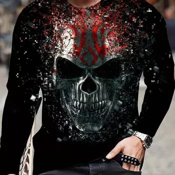 Мужская новинка с длинным рукавом и круглым вырезом, 3D-принт в виде черепа из металла, весна-осень, для активного отдыха S