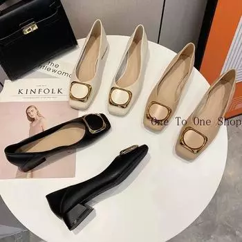 Metal Square Buckle Leather Women s Shoes 2024 Summer Women s Singles Shoes Thick Heels Korean Version Fashionable Soft Leather 35 абрикосовый