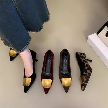 Metal square buckle pointed single shoes women s 2025 spring and autumn new fine heel leopard print temperament royal sister fashion high heels 35 бордовый