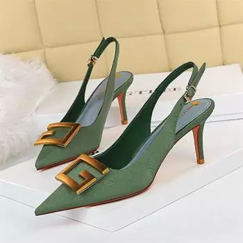 Metal Square Buckle Thin Heel Party Shoes Black Green White Woman Pointed Toe Hollow Back Strap Pumps Middle Heel Sandals 34(Foot22cm)