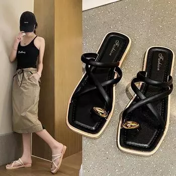 Metal Toe-toed Slippers Women s Summer Fashion All-match Thick-soled Cross-belt Low-heeled Beach Sandals 36-37 чёрный