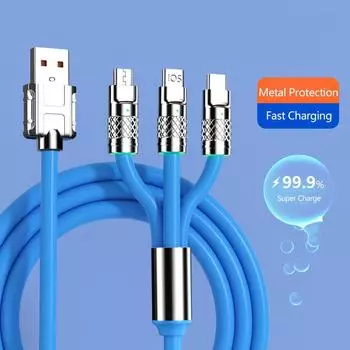 Metal USB Data Cable 120W 6A 3 In 1 Super Charge Fast Charging For Micro Type-C With Indicate Light AVE синий