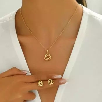 Metal wind women s necklace set geometric ring winding design versatile earrings long collarbone chain